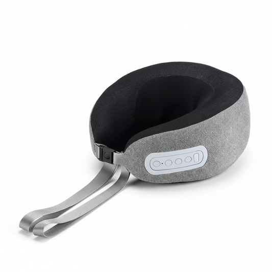 Blank gray and black cordless U-shaped heated neck massager with memory foam, front three-quarter view on a white background