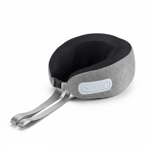 Blank gray and black cordless U-shaped heated neck massager with memory foam, front three-quarter view on a white background
