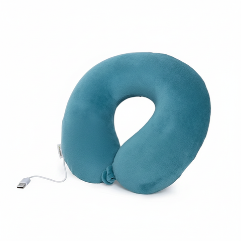 Blank teal-blue U-shaped Bluetooth travel pillow with memory-foam neck support, front three-quarter view on a white background