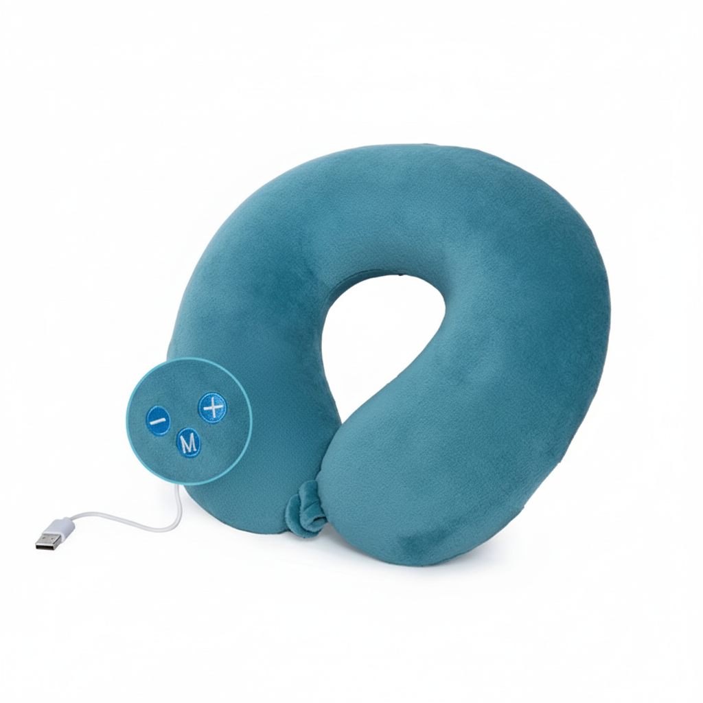 Blank teal-blue U-shaped travel pillow showing padded neck contours and unmarked control area, high-angle view on a white background