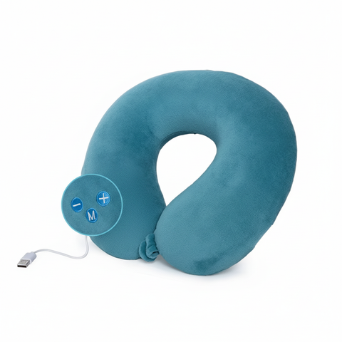 Blank teal-blue U-shaped travel pillow showing padded neck contours and unmarked control area, high-angle view on a white background