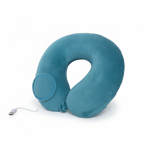 Blank teal-blue U-shaped travel pillow with soft knitted cover and integrated control area, front view on a white background