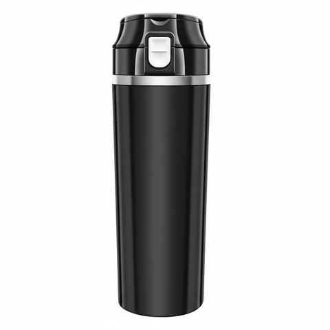 Close-up of blank black ABS heated travel cup body, lid seal, and unmarked control area on a white background