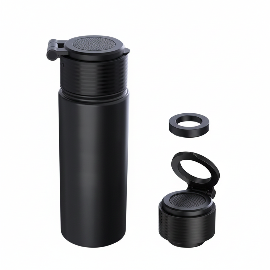 Close-up of blank black stainless-steel bottle finish, wireless speaker lid, and magnetic phone mount on a white background