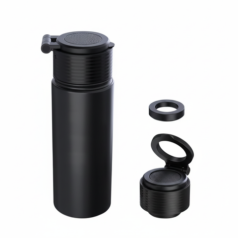 Close-up of blank black stainless-steel bottle finish, wireless speaker lid, and magnetic phone mount on a white background