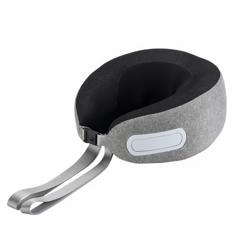 Close-up of blank gray and black woven fabric neck massager cover, memory-foam edge, and unmarked controls on a white background