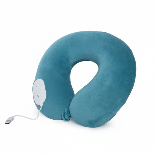 Close-up of blank teal-blue knitted polyester travel pillow cover, memory-foam edge, and unmarked controls on a white background