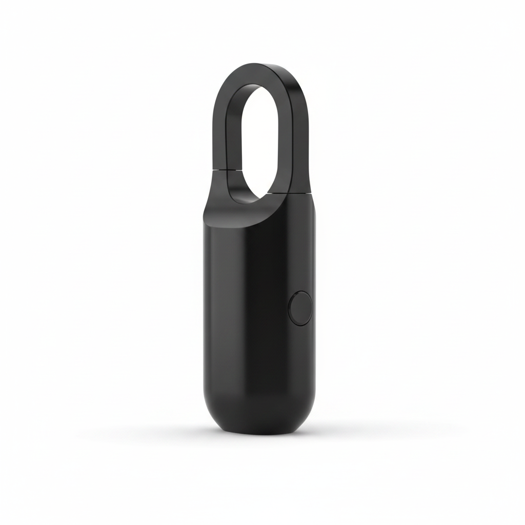 Blank black aluminum-alloy fingerprint padlock showing plain housing and shackle profile, rear three-quarter view on a white background