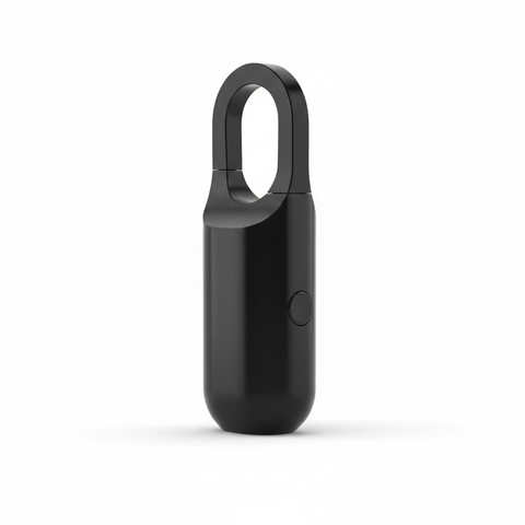 Blank black aluminum-alloy fingerprint padlock showing plain housing and shackle profile, rear three-quarter view on a white background