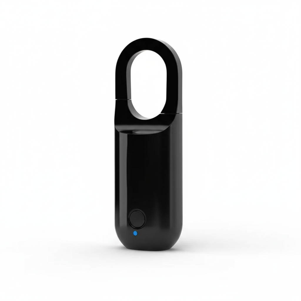 Blank black aluminum-alloy rechargeable fingerprint padlock, front three-quarter view on a white background