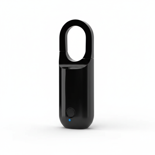 Blank black aluminum-alloy rechargeable fingerprint padlock, front three-quarter view on a white background