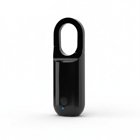 Blank black aluminum-alloy rechargeable fingerprint padlock, front three-quarter view on a white background