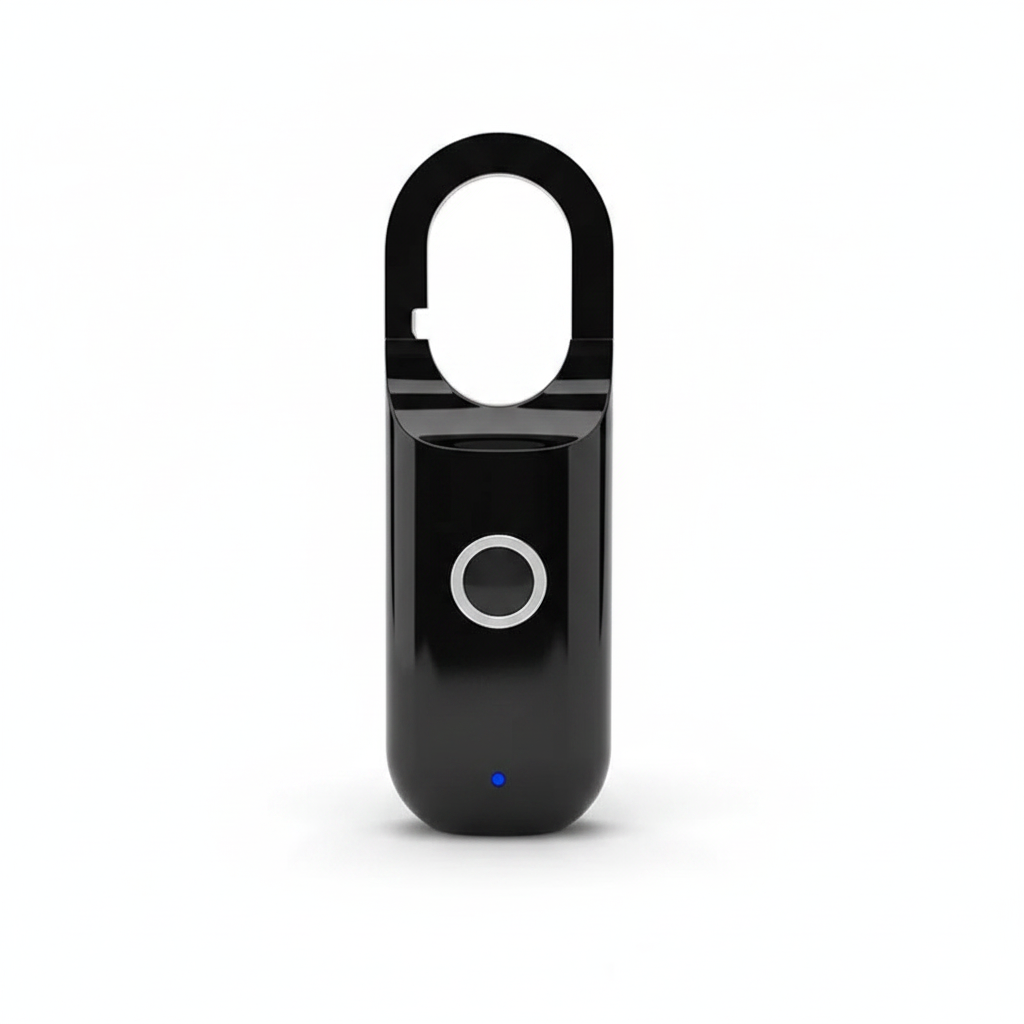Blank black rechargeable biometric padlock with fingerprint sensor and open shackle, front view on a white background