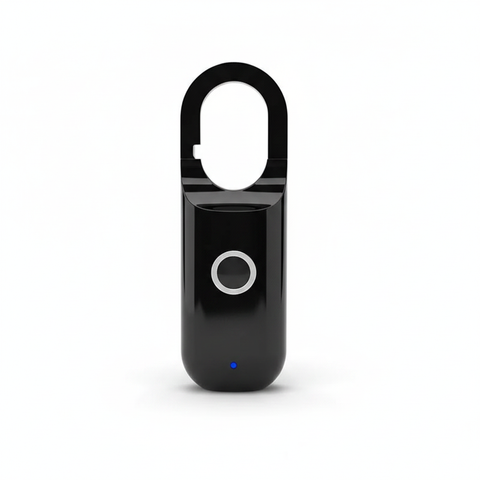 Blank black rechargeable biometric padlock with fingerprint sensor and open shackle, front view on a white background