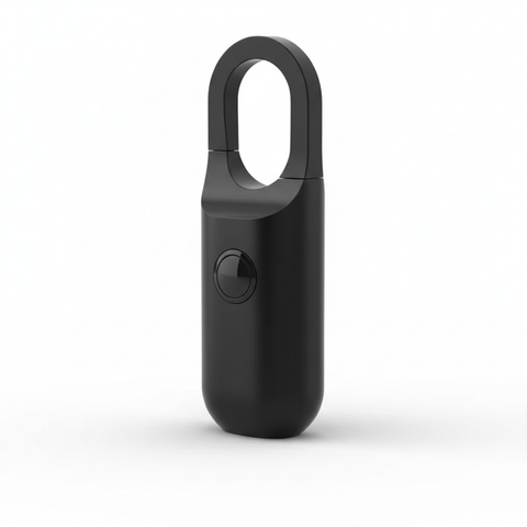 Blank black rechargeable fingerprint padlock showing rounded body, shackle opening, and clean sensor area, high-angle view on a white background