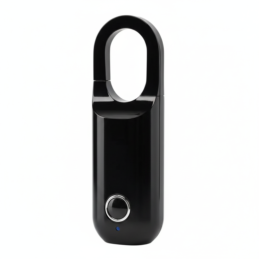 Close-up of blank black aluminum-alloy fingerprint padlock body, sensor, and shackle connection on a white background