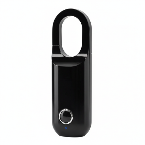Close-up of blank black aluminum-alloy fingerprint padlock body, sensor, and shackle connection on a white background